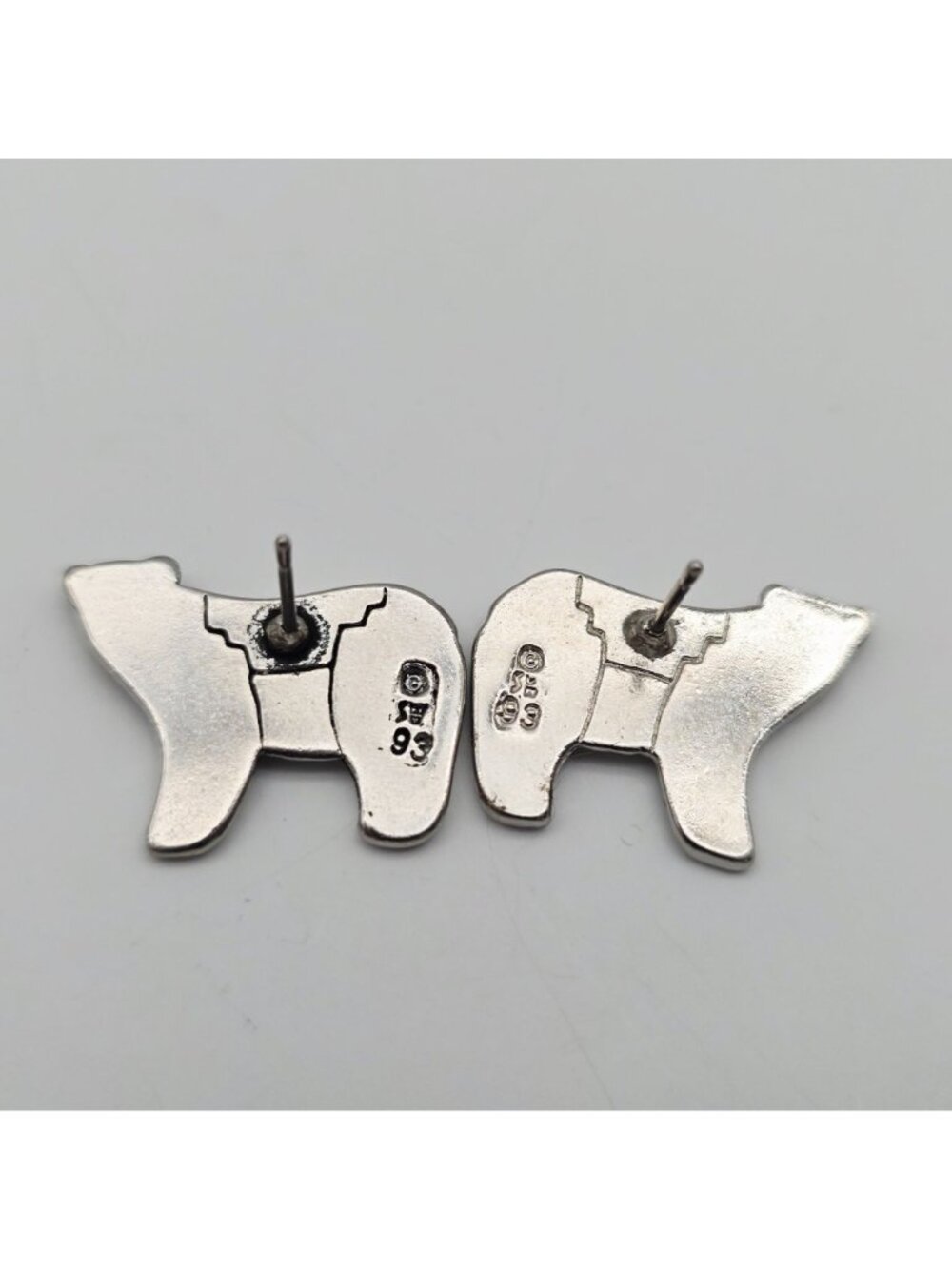 Silver Tone Bear Shaped Earrings With Turquoise Inlay Native American Style 1" - Picture 3 of 5